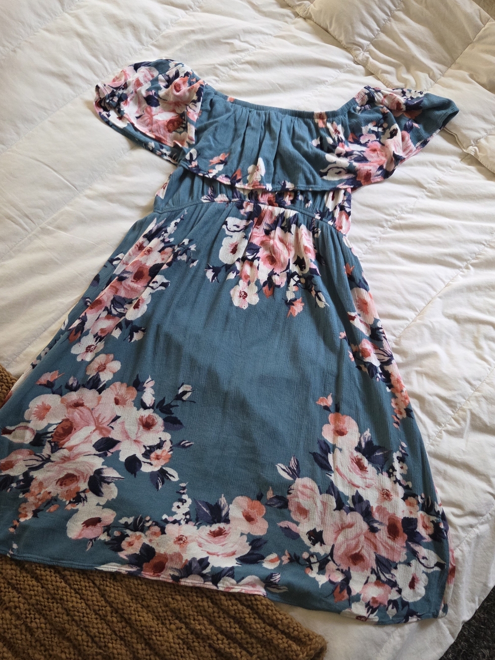 Haute Monde Teal Off The Shoulder Floral Summer Dress with Pink & White Blooms - Picture 5 of 8